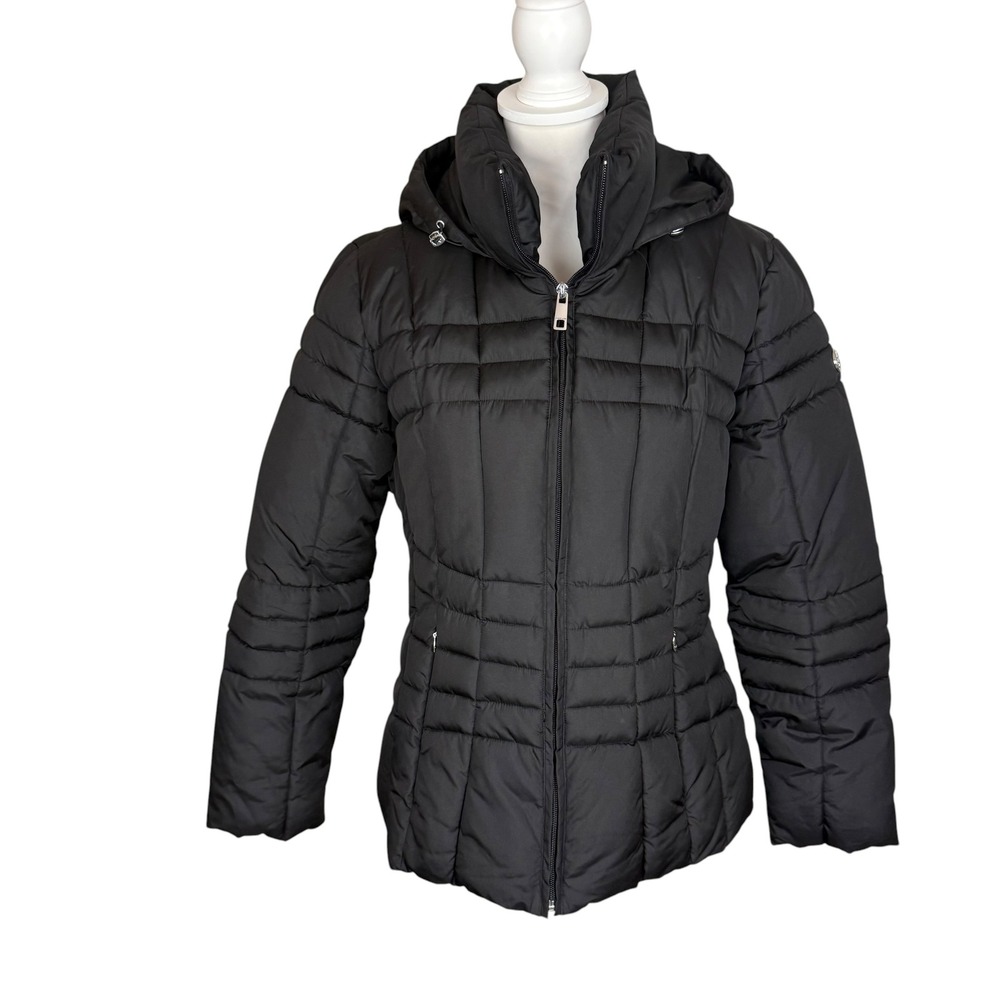Calvin Klein Womens Black Quilted Puffer Jacket Hood Medium Fleece Lined